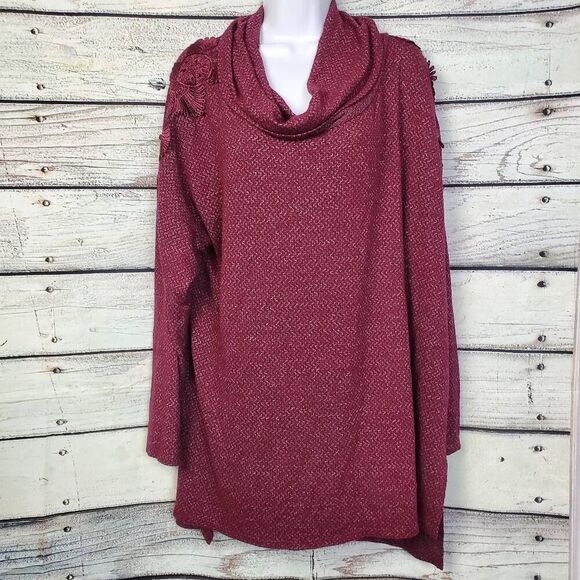 Soleillee Women’s Plus 2X Burgundy Cowl Neck Tunic Sweater Floral Shoulder Detai - Picture 1 of 9